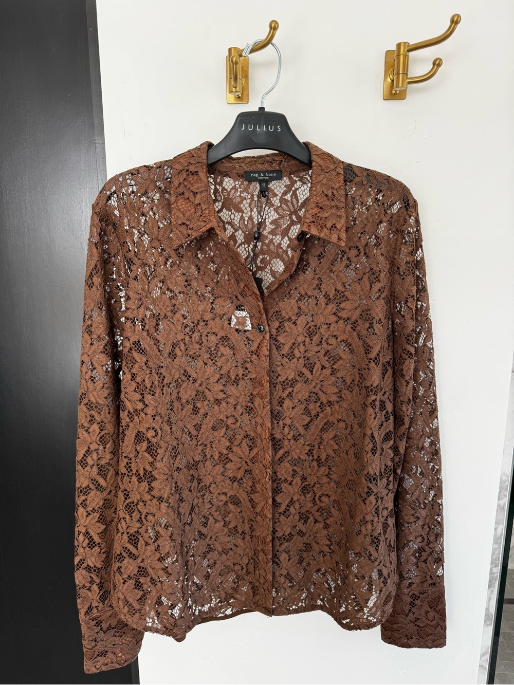 rag & bone Brown Sheer Lace Button-Down Shirt